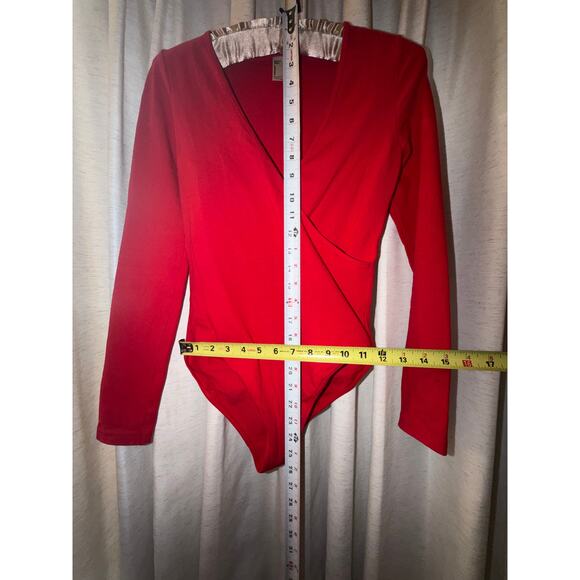 American Apparel Red Bodysuit M Cotton Long Sleeve Ballet Wrap Made USA Holiday - Picture 11 of 11
